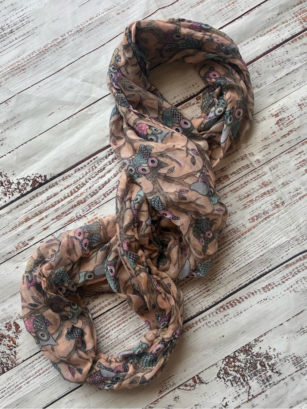 Light Peach Owl Print Infinity Scarf - Women Accessories